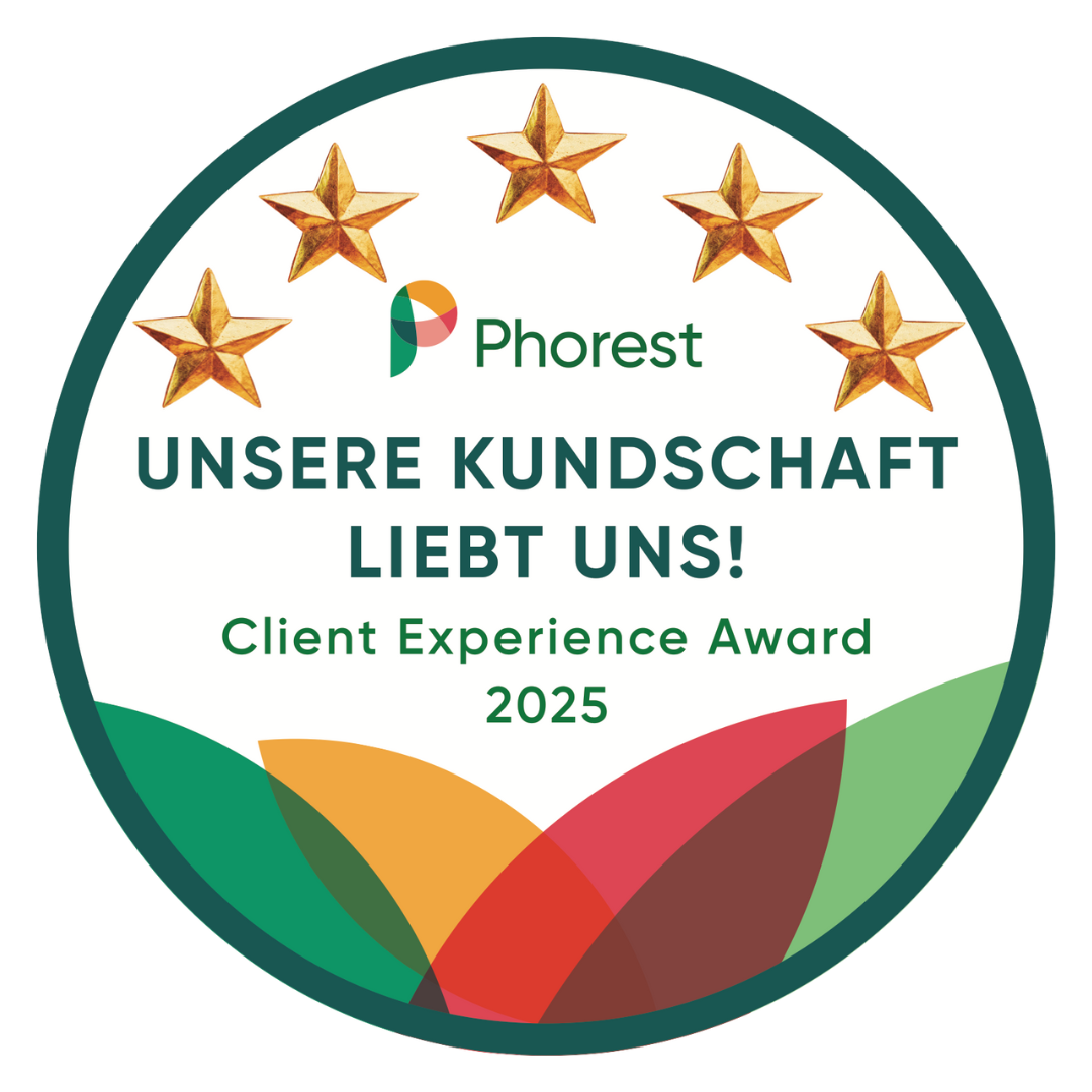 Goldenes Siegel des Phorest Client Experience Awards 2025 mit 5 Sternen, verliehen an PRESTIGE Friseur für exzellente Kundenbewertungen!